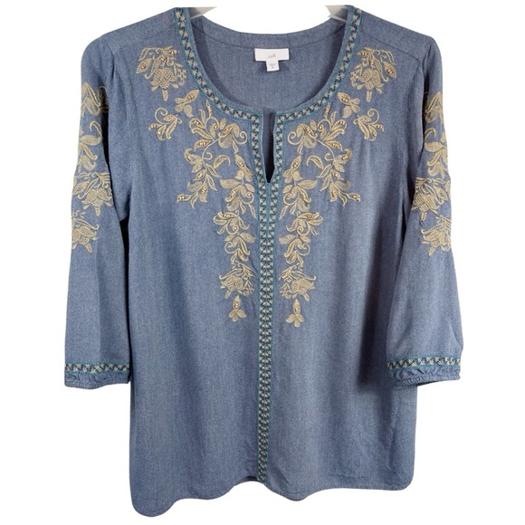 J. Jill Tops - J. Jill Embroidered Boho Chambray Tunic Top XL Blue Tan Peasant